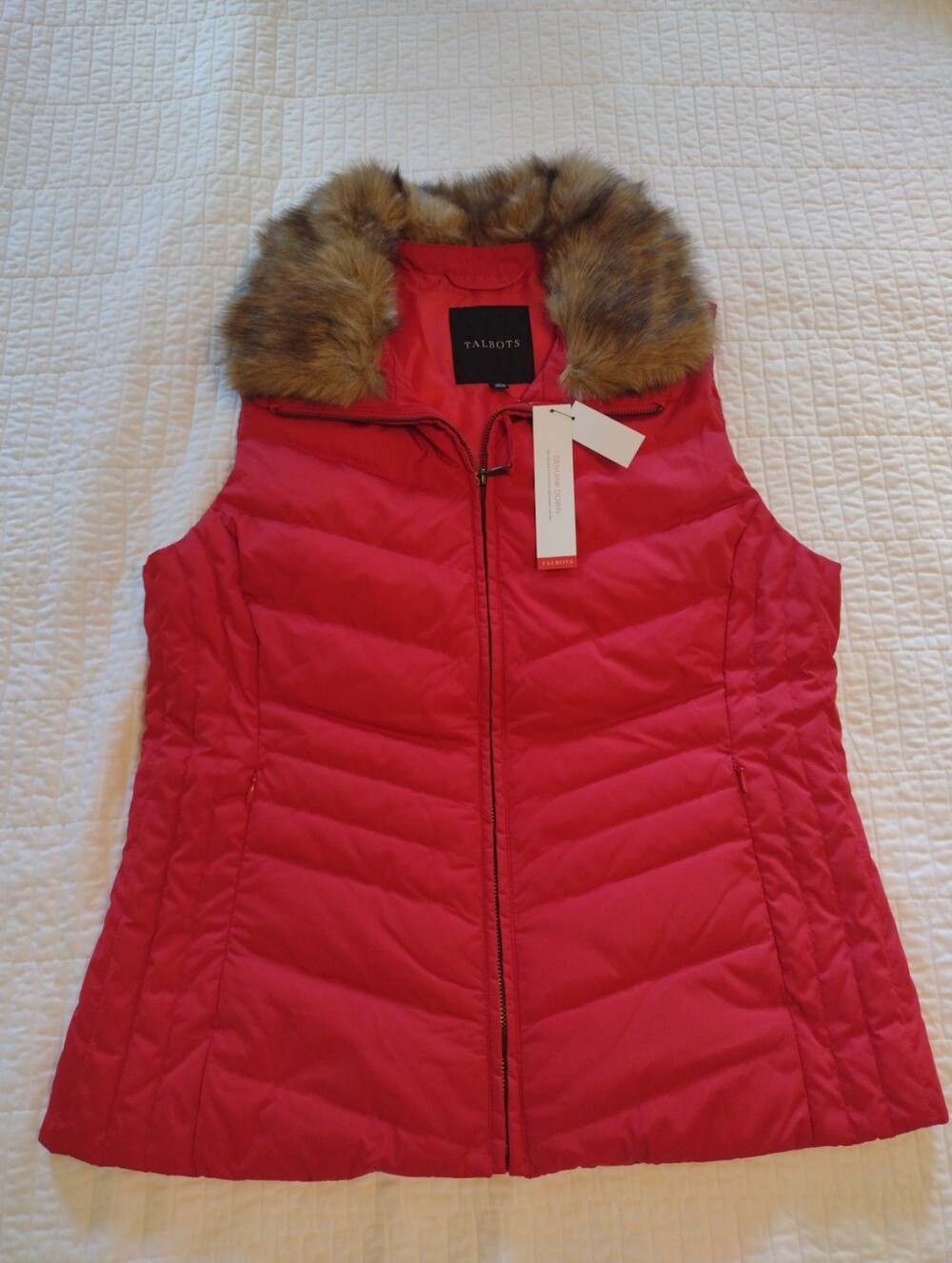 New Talbots Down Vest Women's Med Removable Faux Fur Collar Puffer Red NWT